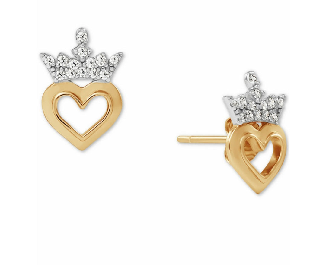 Pantallas. Princess Tiara Heart Crystal Stud Earrings in Sterling Silver 18K Gold-Plate with Bonus Trinket Dish