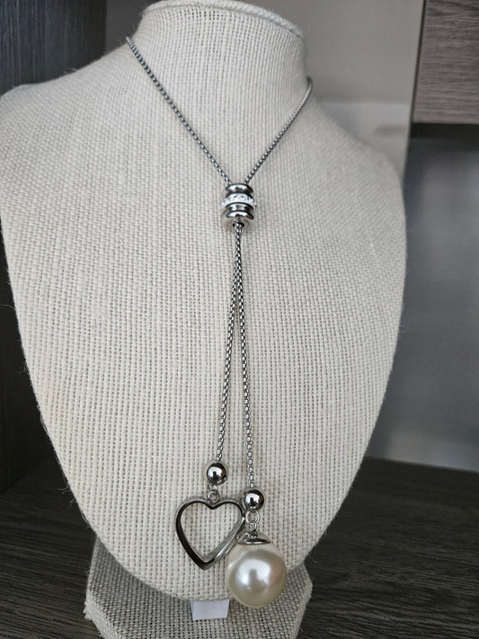 Cadena larga,ajustable de corazon,perlas stainless steel