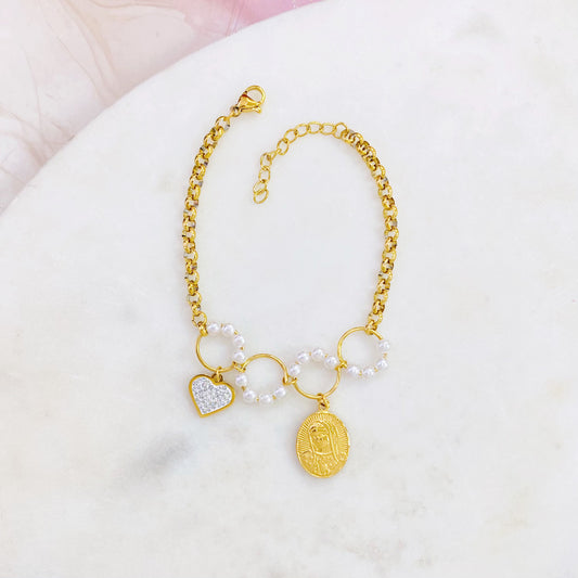 Pulsera perlas,corazon,motivo religioso