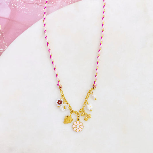 Cadena de hilo de varios colores rosa,variedad de charms de flores, cherry,strawberries