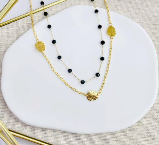 Doble cadena de hojas monstera,bolitas tornasol negro